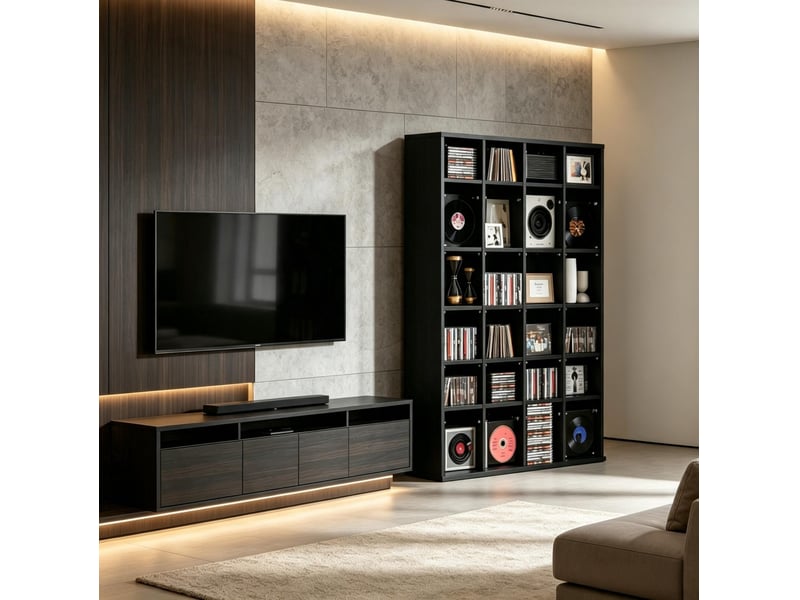  Meuble de rangement cd dvd noir à étagères réglables, format étroit 89 x 20 x 130,5 cm pour médias organisés  - Conforama B
