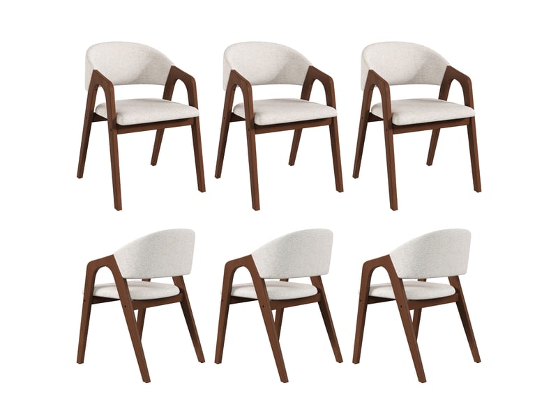  Chaise de salle à manger, lot de 6 avec dossier incurvé et accoudoirs, assise rembourrée en lin et bois, noyer et beige avoine  - Conforama A