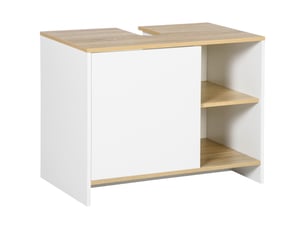 Meuble sous lavabo blanc et bois avec porte et 2 niches, 77 x 45 x 60 cm