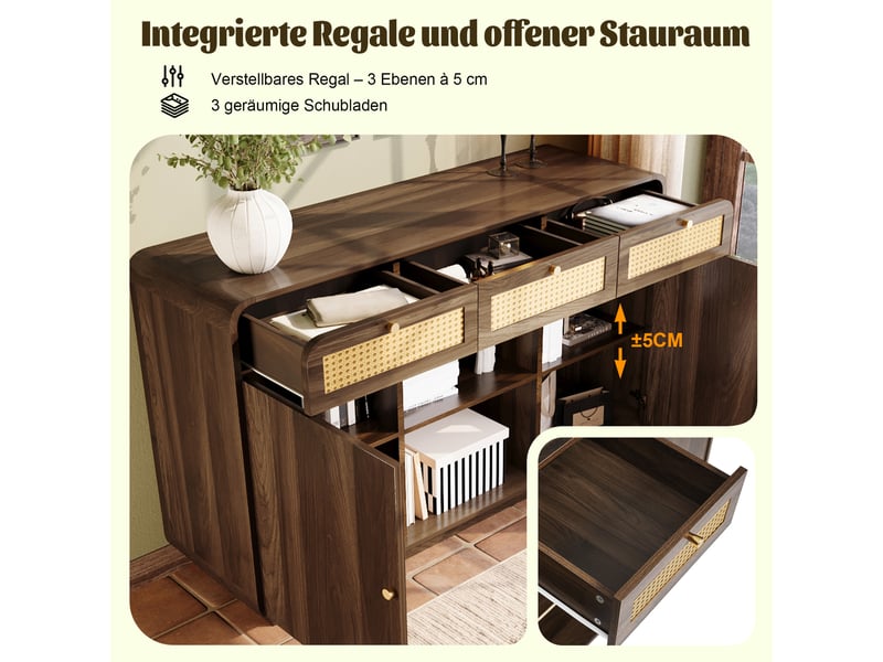 Buffet 120x40x85 cm, meuble de rangement avec 3 tiroirs et 2 portes, design rétro en finition noyer  - Conforama D