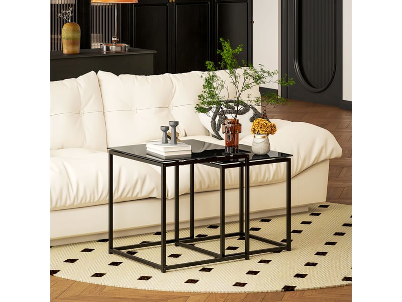 Tables basses gigognes carrées, avec lot de 2, plateaux en verre trempé et cadre en acier, pour salon, noir  - Conforama C