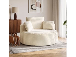 Fauteuil rond 1 place en mousse, assise profonde avec 4 coussins, sans cadre, en velours côtelé crème
