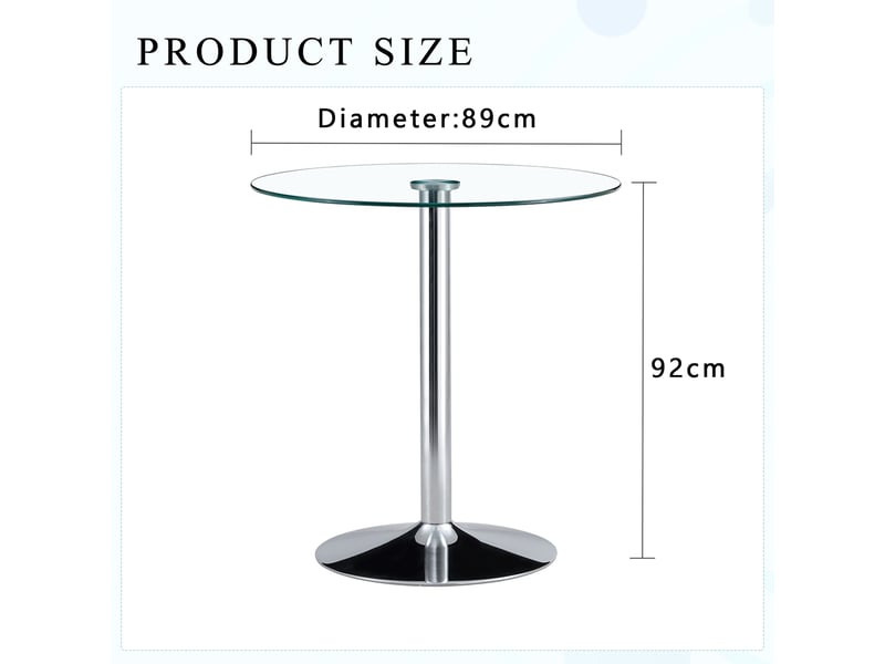  Table de bar ronde avec plateau en verre transparent et base en métal argenté, diamètre 89 cm, hauteur 92 cm  - Conforama D