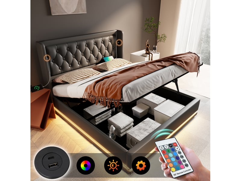  Lit double 160x200 cm en pu noir, coffre hydraulique, tête de lit capitonnée, led 3 côtés et usb type-c  - Conforama B