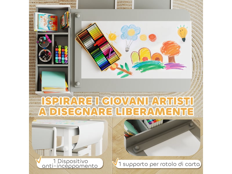  Ensemble table et chaises enfant gris et blanc avec rangement, rouleau papier, 102,5 x 58 x 64 cm  - Conforama W