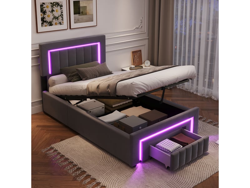  Lit simple 90 × 190 cm avec coffre hydraulique, led blanc chaud, 1 tiroir, sans matelas, velours gris  - Conforama D