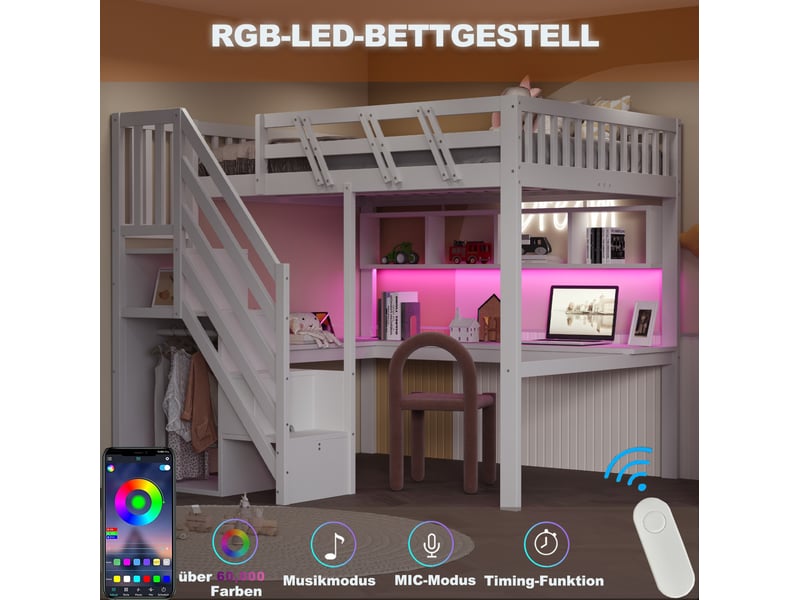 Lit mezzanine 140x200 cm avec escalier de rangement, bureau, usb et led blanc - Conforama E