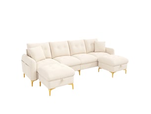 Canapé d'angle panoramique convertible <strong>HAUSS SPOLE</strong> <strong></strong> 4 places Tissu beige avec coffre de rangement