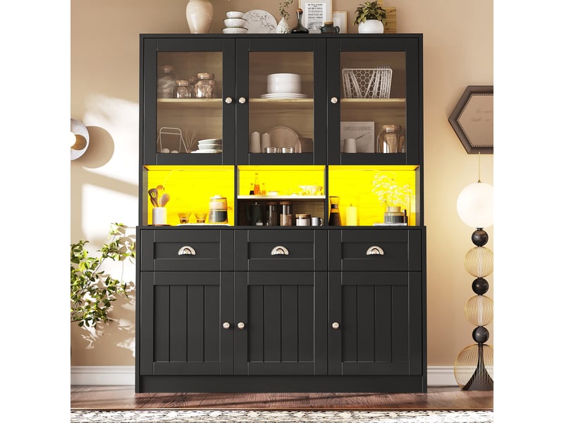 Meuble de cuisine muvano, buffet de cuisine haut avec éclairage led, noir, 140 × 40 × 175 cm - Conforama C
