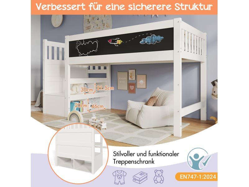  Lit mezzanine enfant 90x200 cm, escalier réversible rangement, tableau, barrières, bois mdf, blanc sans matelas  - Conforama E