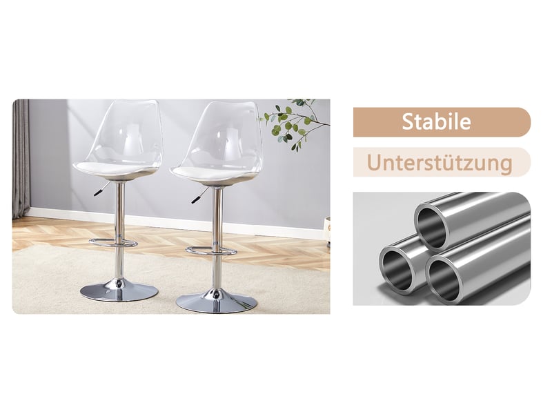  Lot de 2 tabourets de bar transparents avec dossier, réglables en hauteur et pivotants à 360°, assise pu blanc, pieds métal argenté  - Conforama D