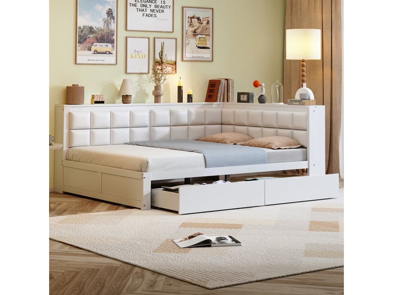  Lit enfant 140x200 cm, canapé-lit avec dossier, 2 tiroirs, rangement et sommier, pin, blanc, sans matelas  - Conforama W