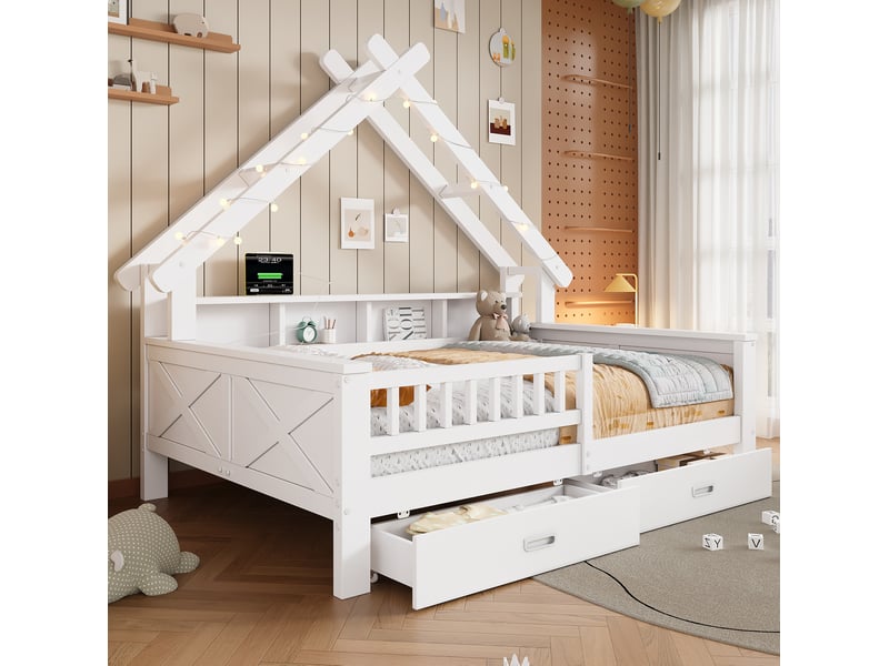  Lit enfant cabane 140 x 200 cm avec éclairage led, rangements, tiroirs et barrière de protection blanc  - Conforama D