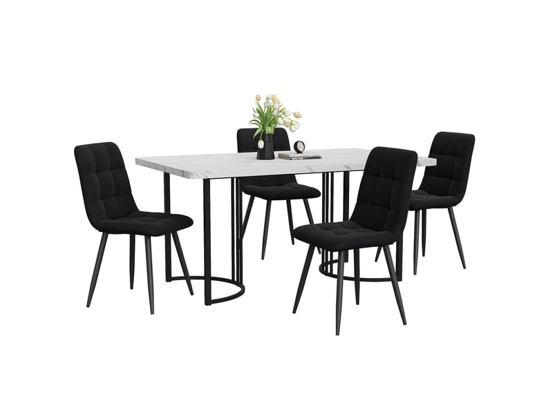  Ensemble repas 5 pièces, motif marbre, plateau en mdf blanc, pieds métal réglables, 4 chaises velours noir, moderne  - Conforama A