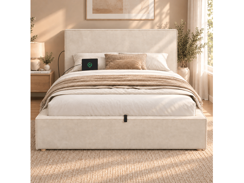 Lit coffre 120 × 200 cm avec sommier à lattes et ouverture hydraulique, tête de lit rembourrée en chenille beige - Conforama D