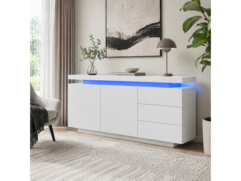Buffet avec 2 portes et 3 tiroirs led pour salon en panneaux de particules 140×35×72,5 cm blanc - Conforama B