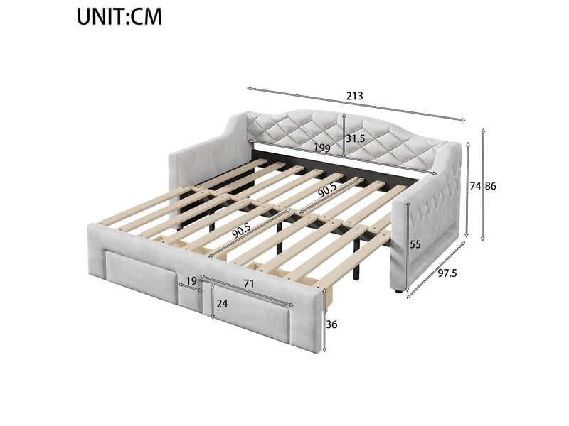  Canapé-lit extensible 90/180x200 cm, 2 tiroirs, led 7 couleurs, velours gris, sans matelas  - Conforama C