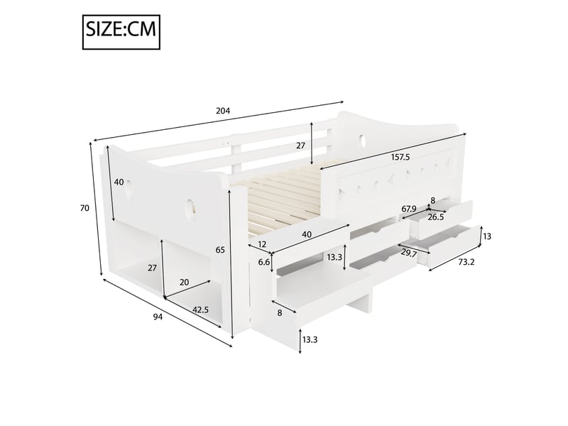  Lit coffre enfant 90x200 cm, tiroirs, rangements, led, usb, type-c, bois mdf blanc, barrière de protection, matelas non fourni  - Conforama C