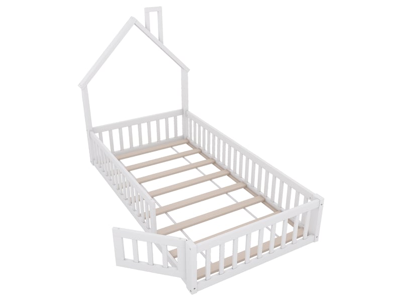  Lit cabane enfant 90x200, lit avec forme de cheminée, style minimaliste blanc, avec sommier à lattes, en bois de pin  - Conforama A