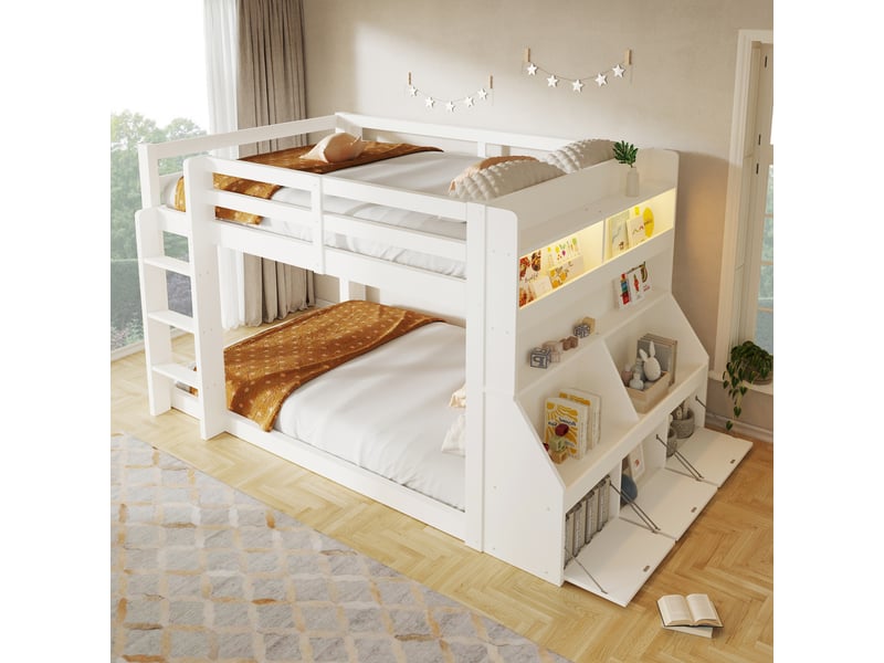  Lit mezzanine 140x200 cm, lit combiné, rangements intégrés, éclairage led, design moderne, charge maximale 150 kg, bois blanc CozyNest - Conforama D