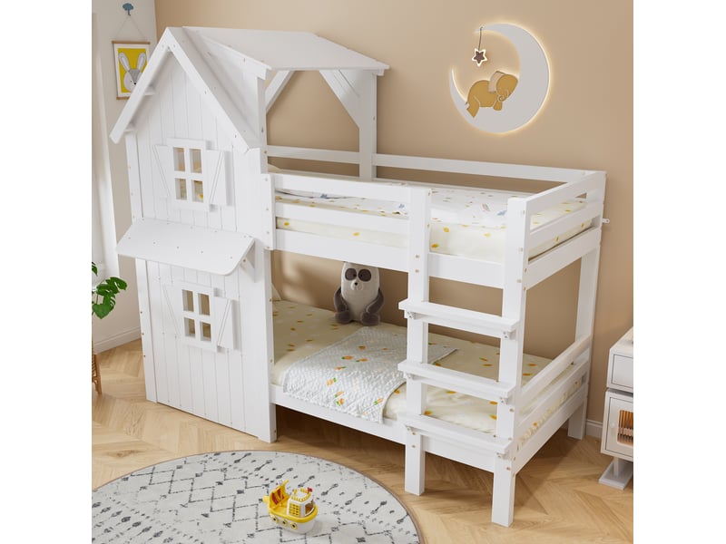  Lit superposé enfant 90x200 cm blanc avec toit, fenêtres et échelle  - Conforama C