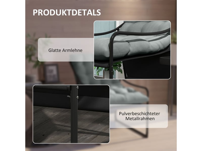Fauteuil de jardin 60x110x90, fauteuil lounge d'extérieur avec coussin d'assise épais, accoudoirs, structure acier, gris - Conforama E