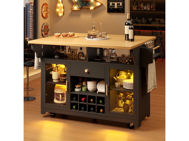 Îlot de cuisine mobile avec roulettes, plateau extensible rabattable, éclairage led rgb contrôlé par application, meuble bar avec porte-bouteilles amovible, noir - Conforama C