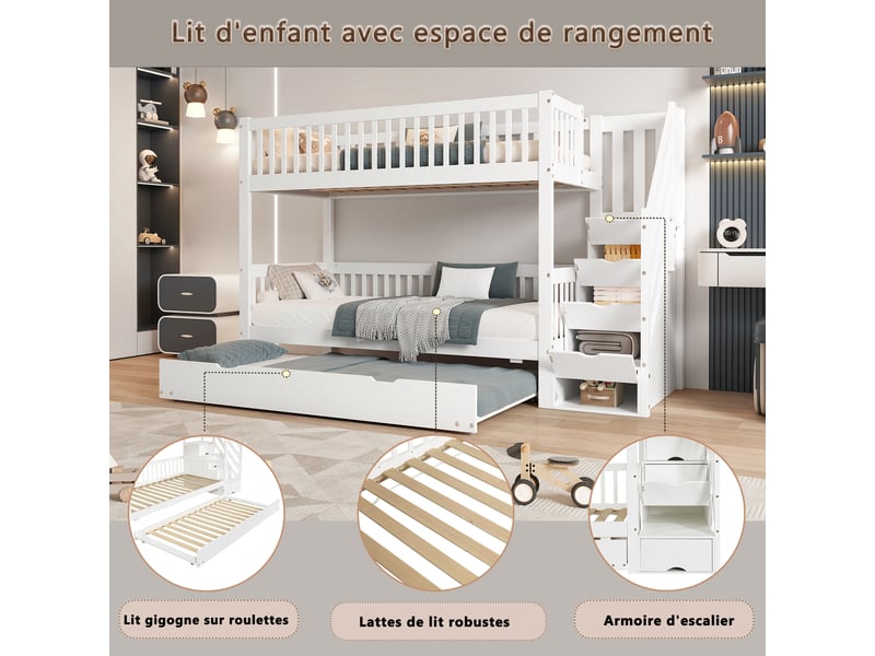  Lit superposé 90x200 cm avec lit gigogne 90x190 cm, 3 couchages, escalier avec rangements, garde-corps de sécurité, bois blanc pour chambre enfant  - Conforama E