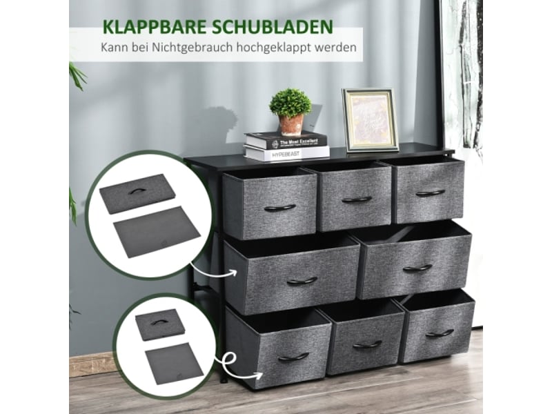 Commode gris foncé, 8 tiroirs en tissu, structure métal, meuble rangement moderne pour chambre et salon - Conforama B
