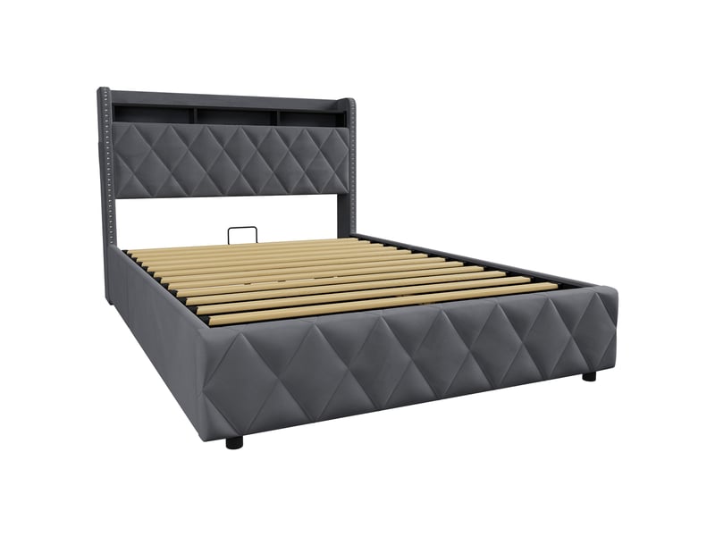  Lit coffre 140x200 cm, lit double adulte avec lumières led, fonctions de chargement et de rangement, velours gris, sans matelas  - Conforama D