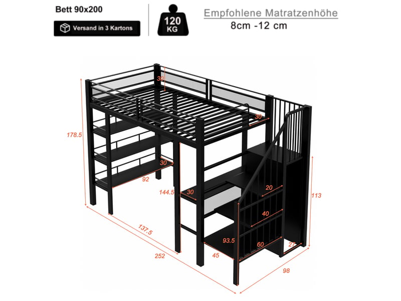 Lit mezzanine enfant 90x200 cm – noir – bureau, rangements, led et escalier réversible - sans matelas - Conforama C