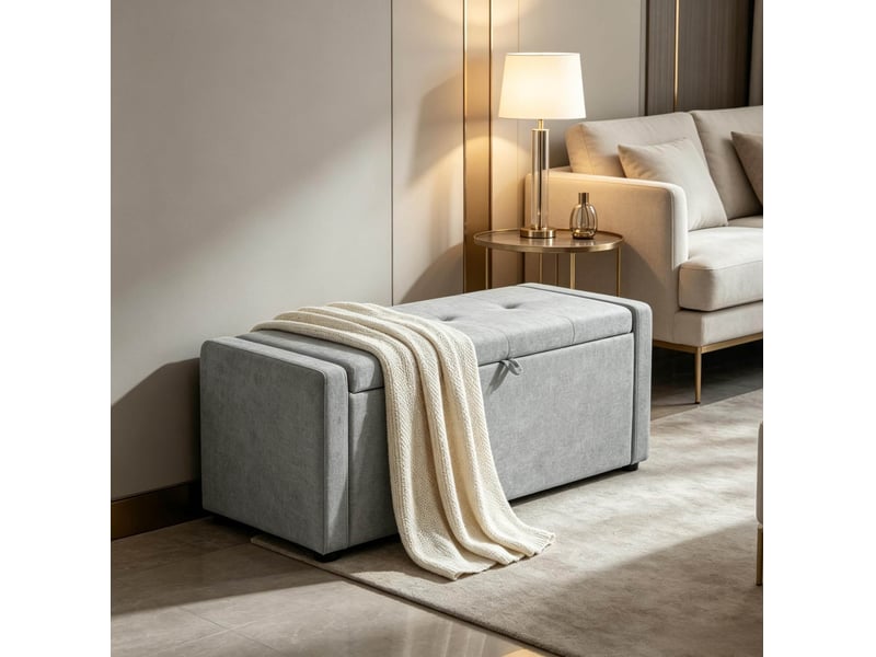 Banc de rangement 122 x 48 x 44 cm gris clair, tissu effet lin, coffre dissimulé et assise rembourrée  - Conforama D