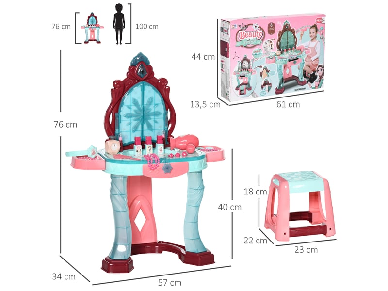  Coiffeuse enfant fille avec miroir magique, musique, plateaux, tiroir et accessoires, 3-6 ans, 57x34x76cm, multicolore  - Conforama C
