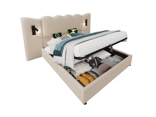 Lit coffre 2 places 180x200 cm avec rangement, liseuses et usb-c beige