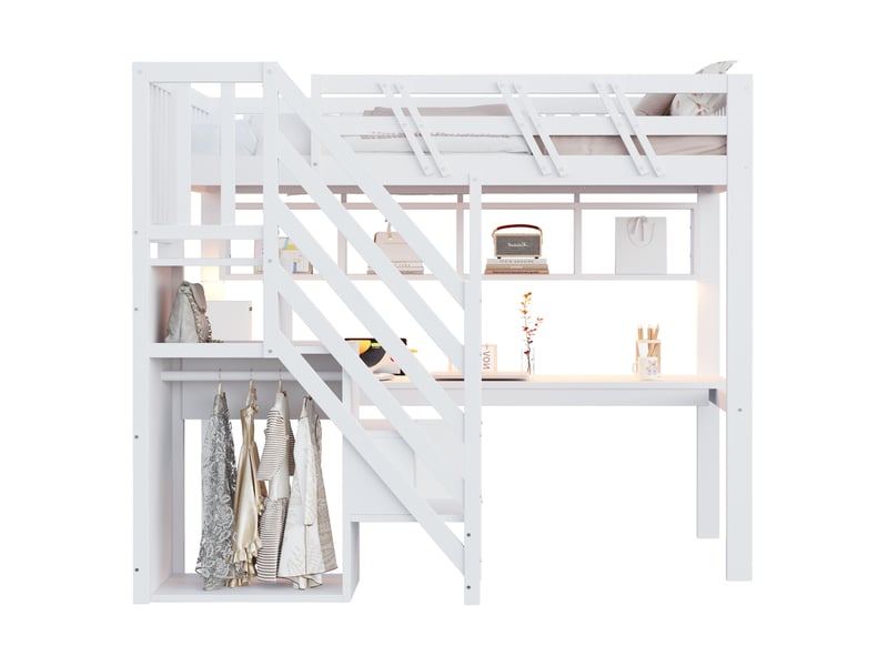  Lit mezzanine 90x200 cm avec bureau, escalier de rangement et led blanc  - Conforama E