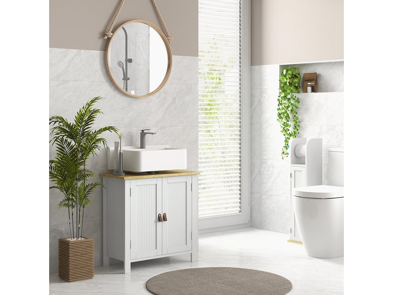  Meuble sous lavabo 2 portes étagère réglable 2 étages à l'intérieure poignées en pu blanc 60 x 30 x 60 cm  - Conforama R