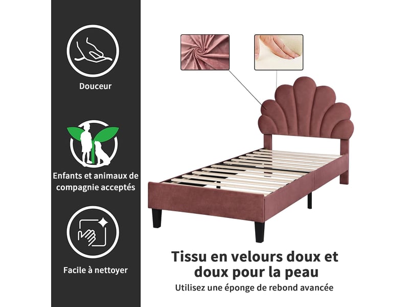  Lit simple 90×200cm, tête de lit forme pétale, cadre rembourré velours rouge, sommier à lattes stable ORLDU00011AAP#ADHWJr2JFrFRHF - Conforama E