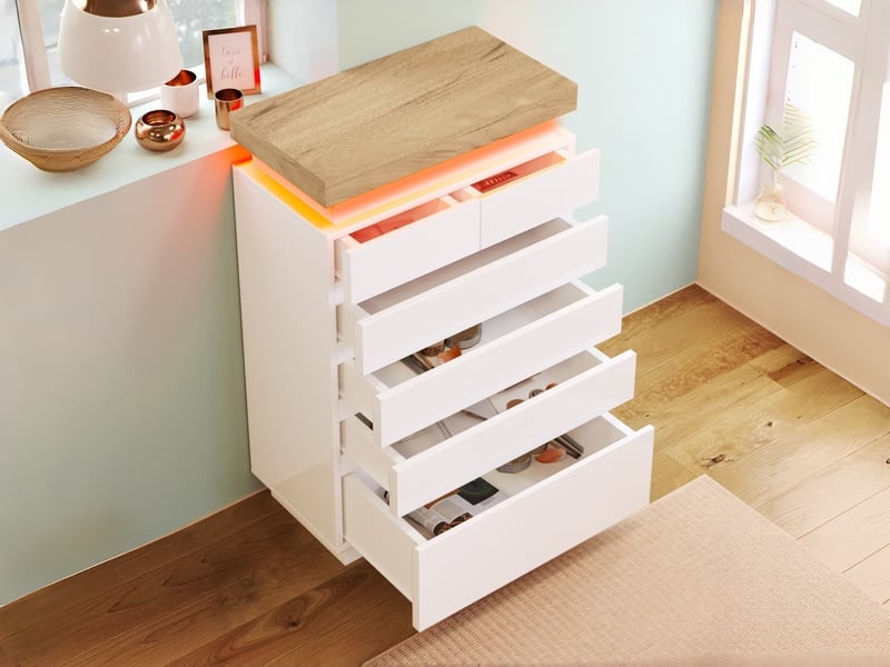  Commode finition brillante à 6 tiroirs, éclairage led, meuble polyvalent pour salon et chambre, 115 x 73 x 39 cm, blanc  - Conforama B