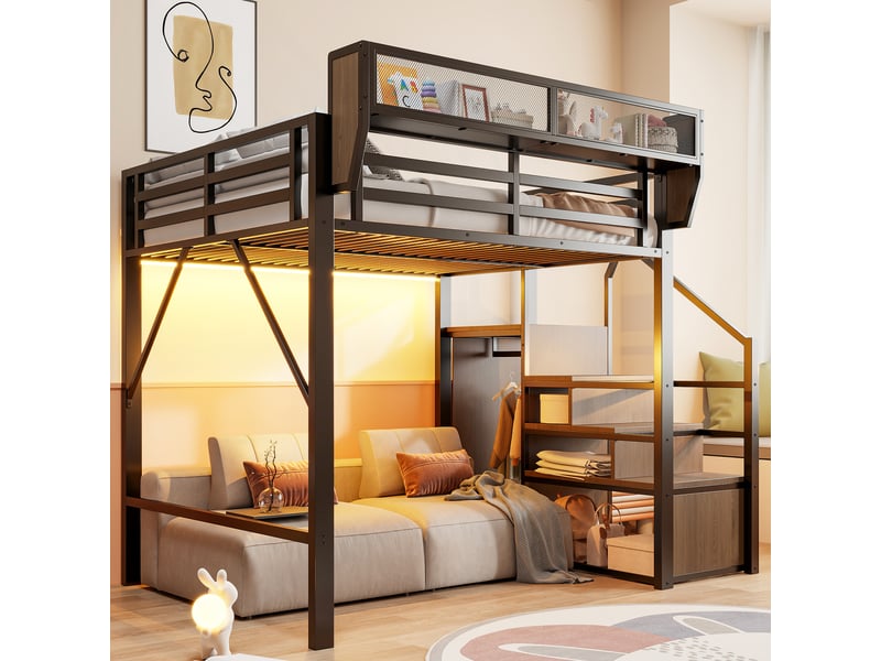 Lit mezzanine 140x200 cm en métal - échelle de sécurité - rangement flexible - bandeau led multicolore - noir - Conforama W
