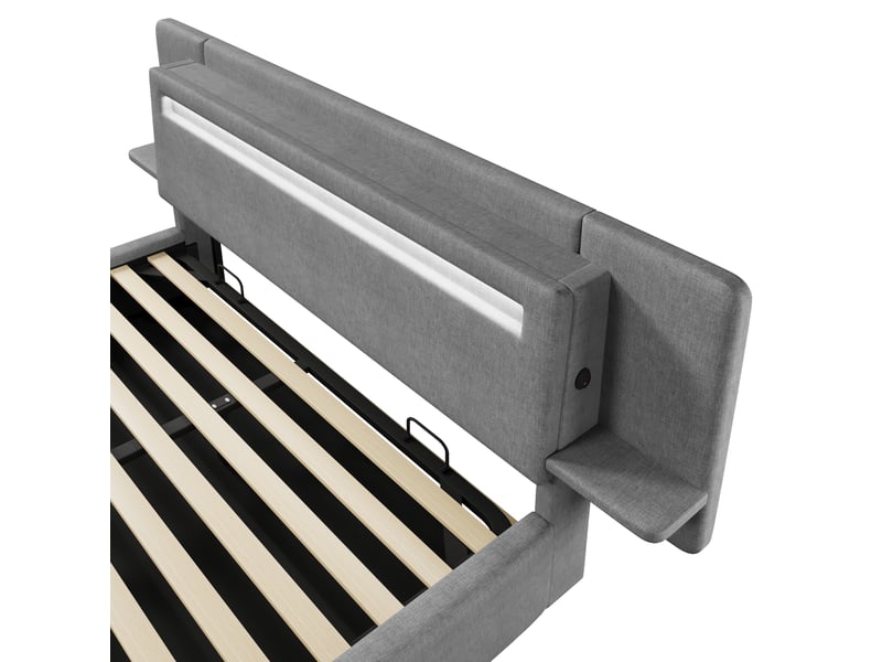  Lit 2 places 180x200 cm, lit coffre hydraulique, table de chevet usb, led, sommier à lattes, gris  - Conforama E