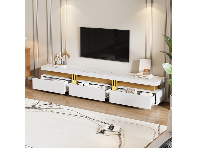 Ensemble meuble tv blanc et table basse, effet marbre brillant et détails dorés, rangement moderne avec 5 tiroirs pour salon - Conforama B