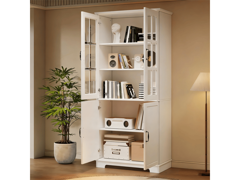  Vitrine avec 4 portes dont 2 en verre et 5 étagères, style campagne, pour salon ou cuisine, blanc, 80 × 38 × 180 cm  - Conforama B