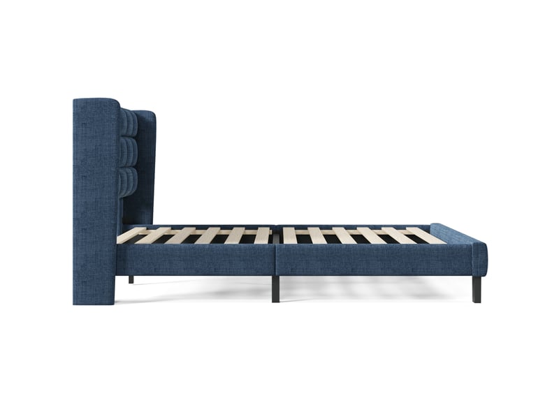  Lit 2 places rembourré 140x200 cm avec tête de lit, sommier à lattes et revêtement lin bleu, sans matelas  - Conforama E