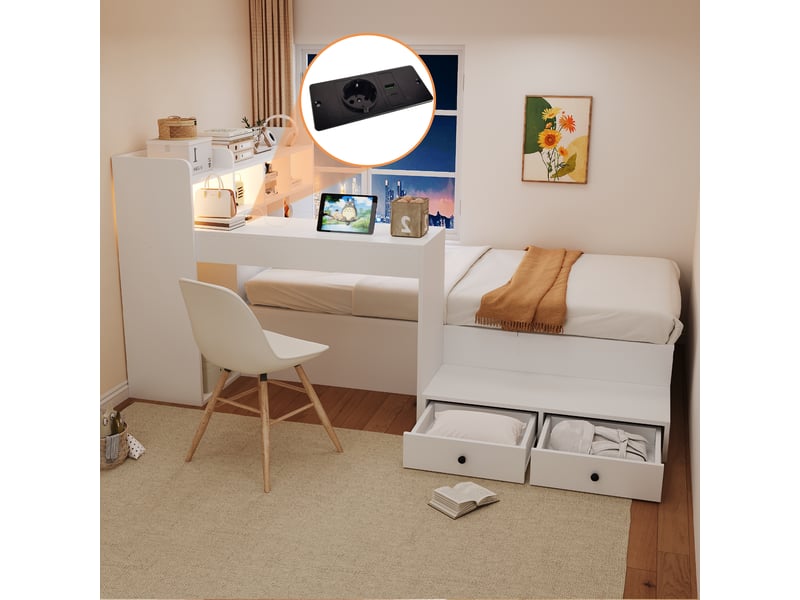  Lit au sol enfant 90x200 cm, lit enfant, ouverture hydraulique, tête de lit avec rangement, bureau intégré, éclairage led, prises intégrées, mdf blanc CozyNest - Conforama E