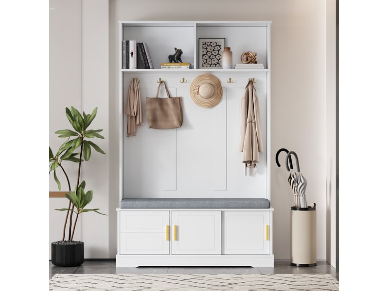  Meubles d'entrée avec banc, 6 patères triples, rangement à chaussures et niches ouvertes, blanc, 120 × 40 × 191 cm  - Conforama B