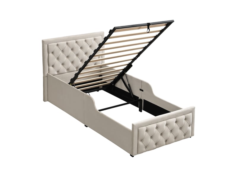  Lit coffre hydraulique 90x200 cm beige en velours avec sommier, grand rangement et tête de lit rembourrée  - Conforama E
