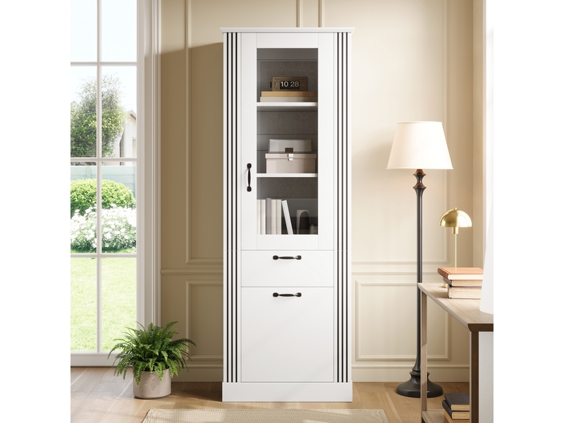  Vitrine avec porte miroir, éclairage led pilotable par application, tiroir et rangement, étagères, corps en panneaux de particules, poignées aluminium  - Conforama E