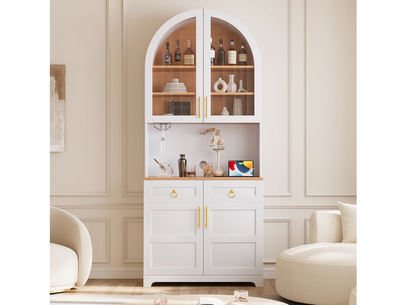 Buffet 80x40x180 cm avec vitrine en verre cintrée, éclairage led, prise intégrée et usb, 2 tiroirs, mdf, coloris blanc - Conforama B