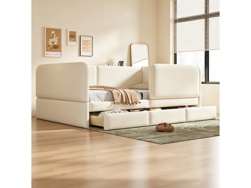  Lit enfant rembourré 140x200 cm avec barrières anti-chute tout autour, 3 tiroirs de rangement, angles arrondis, sommier à lattes, velours, beige  - Conforama E