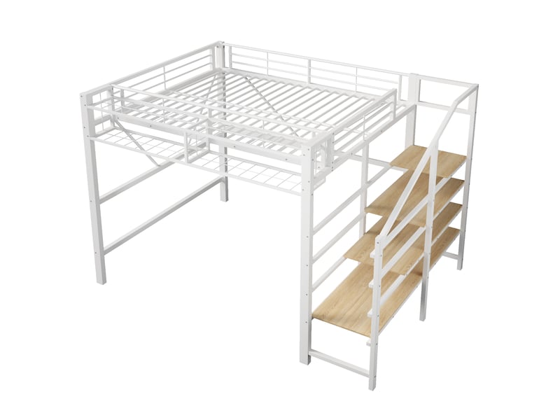 Lit mezzanine métal blanc 140×200 cm avec étagères, panier et led - Conforama E